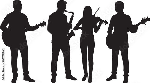 Fotografía Music Band Silhouette Set with Guitarist Saxophonist Violinist and Bass Player

Collection of musician silhouettes featuring a guitarist, saxophonist, violinist, and bass guitarist