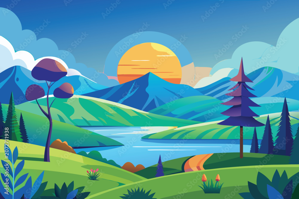 Fototapeta premium abstract natural landscape vector design with stylized trees and rolling hills