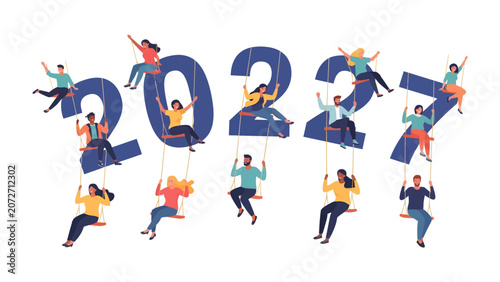 Принти на полотні Happy New Year 2027: Tiny people enjoy playful swings attached to the colossal numbers of the year 2027, symbolizing joy, forward momentum, and the embrace of new beginnings