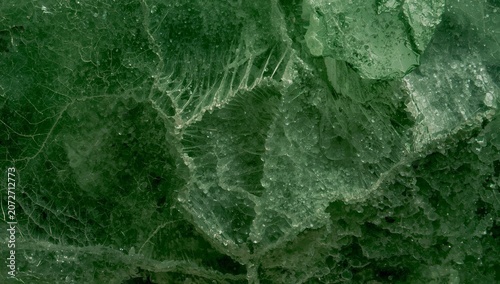 Abstract macro close-up of lush green summer garden with parsley, grass and forest foliage, blending natural textures with industrial factory-inspired aesthetic