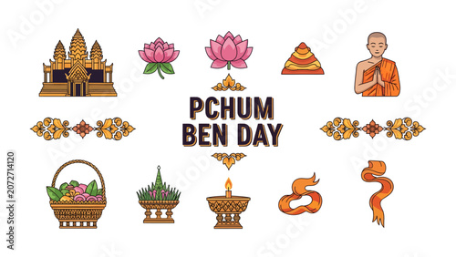 Slika na platnu Pchum Ben Day Elements: A collection of symbols and icons representing Pchum Ben Day, including a temple, lotus flowers, offerings, and a monk, celebrating Cambodian culture and tradition