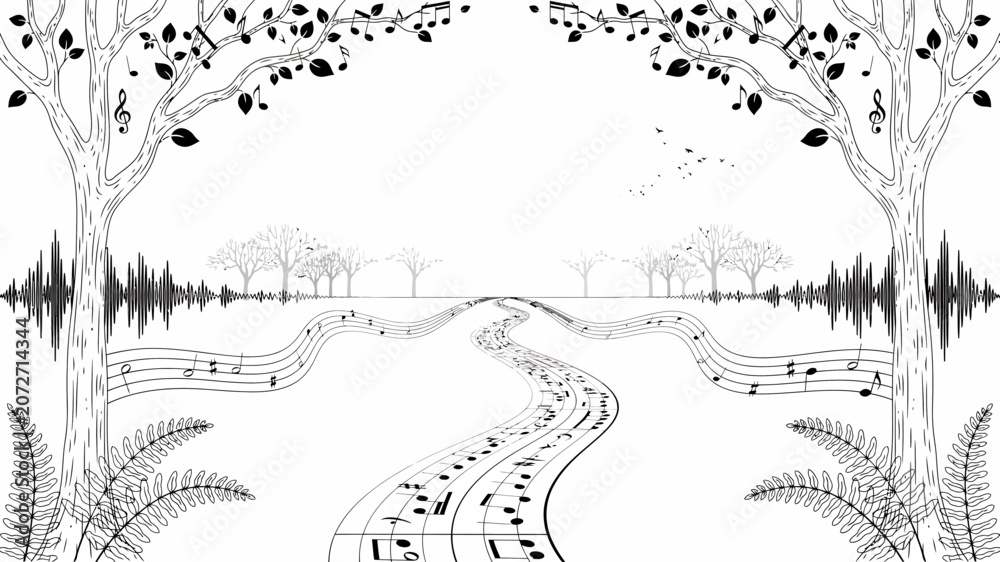 Obraz premium Musical notes road through trees landscape music sheet path black and white