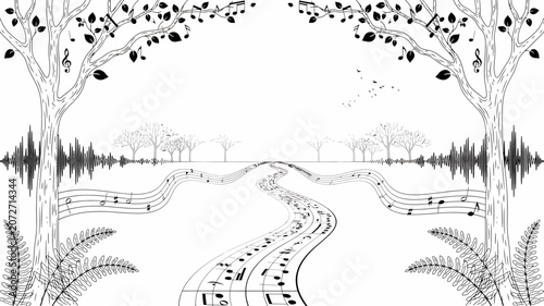 Musical notes road through trees landscape music sheet path black and white