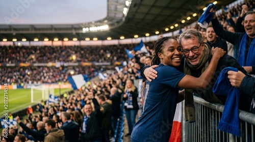 Professional female soccer player hugging a happy fan in the stadium stands after a match win