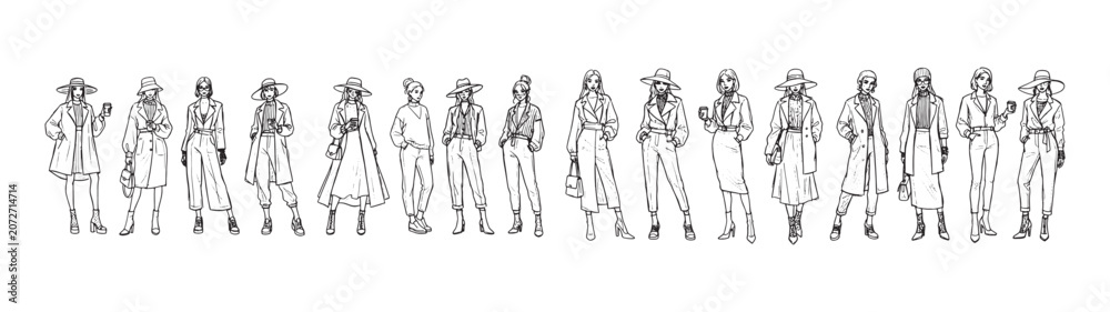 Obraz premium People Standing Outline Vector Set Human Character Line Collection
