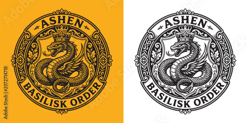 Foto Vintage Ashen Basilisk Order circular crest emblem logo