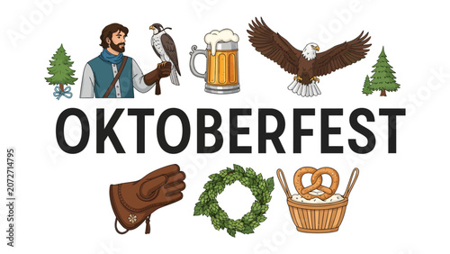 Billede på lærred Oktoberfest Celebration Icons: A collection of festive elements symbolizing Oktoberfest, including a falconer with his bird, a frothy beer mug, an eagle, evergreen trees, a falconry glove