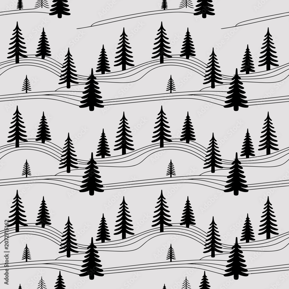Obraz premium Black pine trees on wavy hills landscape illustration vector graphic design
