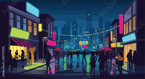 Bilde på lerret Nighttime city street with vibrant lights and people