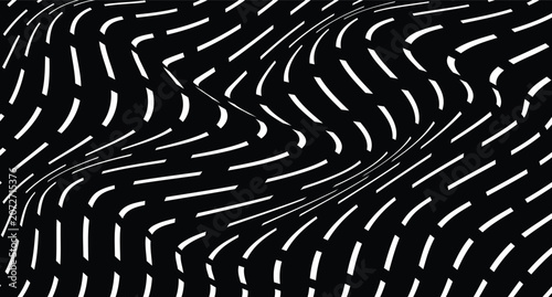 Black and white abstract geometric wave pattern with optical illusion lines, 3D spiral motion texture, futuristic metallic silver curves, vector wallpaper backdrop