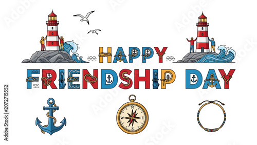 Obraz na plátně Nautical Friendship Day: A vibrant illustration celebrating Friendship Day with a maritime theme, featuring two lighthouses, waves, seagulls, an anchor, and a compass, all around bold lettering