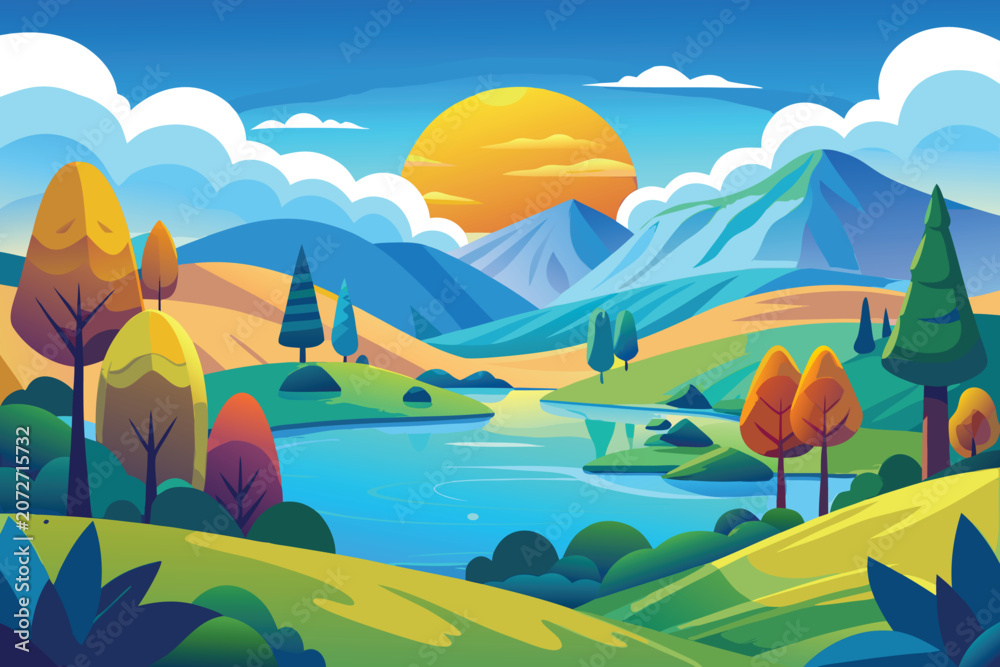 Obraz premium abstract natural landscape vector design with stylized trees and rolling hills