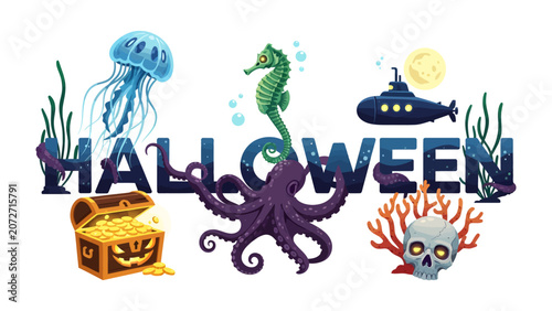 Quadro su tela Underwater Halloween Delights: A whimsical illustration featuring the word HALLOWEEN adorned with sea creatures like jellyfish, seahorses, and octopuses, accompanied by a treasure chest, a skull
