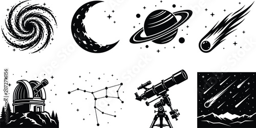 Obraz na plátně Astronomy silhouettes, galaxy, moon, planet, comet, telescope, constellation, ob