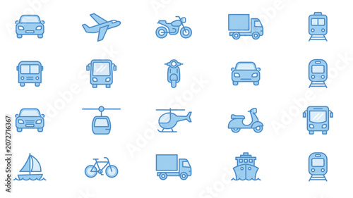 Set of blue transportation icons featuring cars planes motorcycles trucks trains and boats for travel and logistics design Vector