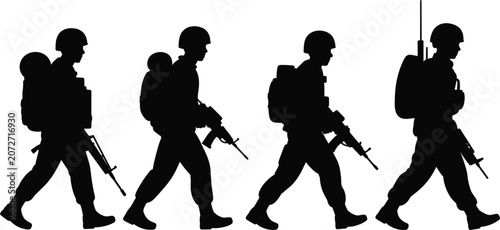 Fotografie Military soldier silhouette collection vector, armed infantry patrol icons isola