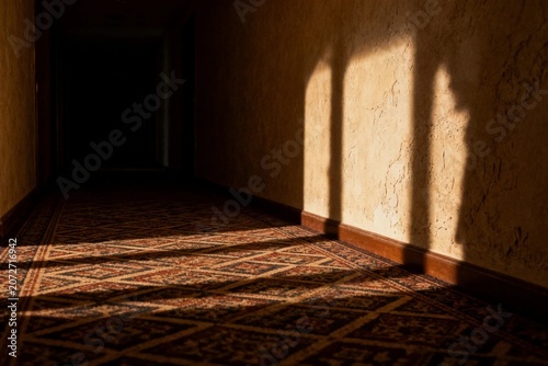 Sunlit Hallway with Patterned Carpet