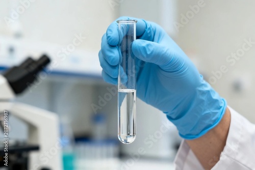 Lab technician holding test tube with clear liquid