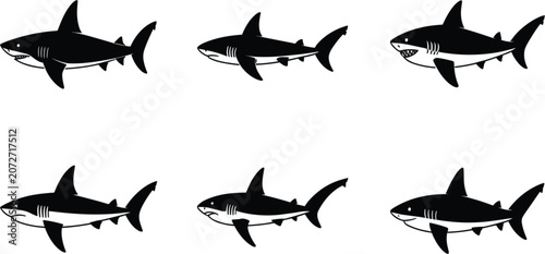 Fotografija Shark silhouette collection vector illustration, predatory ocean fish icons isol