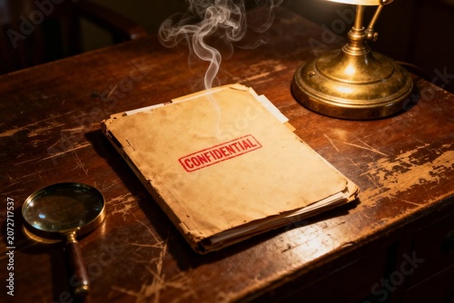 Mysterious Confidential File with Smoke on Vintage Desk