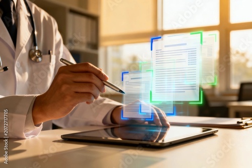 Doctor Using Digital Tablet with Holographic Documents