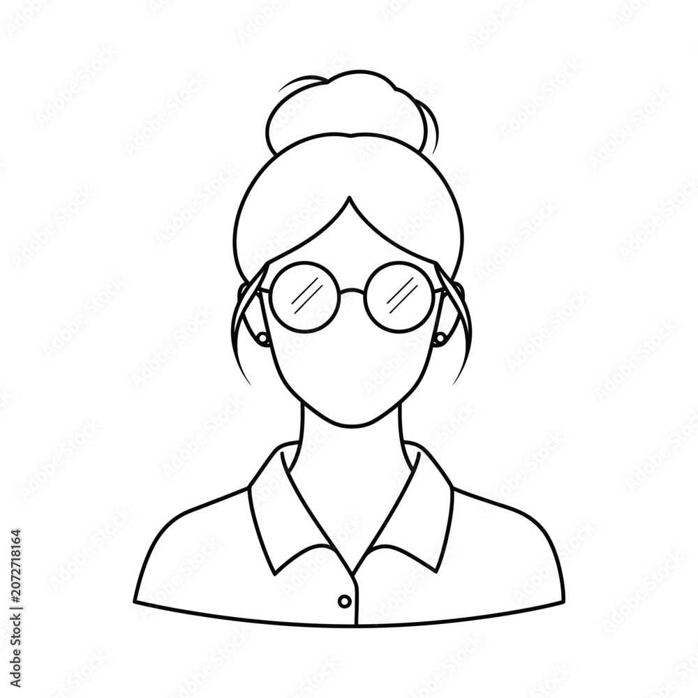 Fototapeta premium Line art woman avatar with glasses and bun hairstyle portrait character