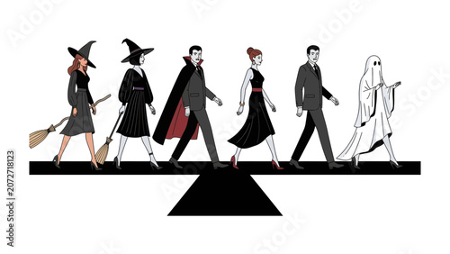 Schilderij op canvas Halloween Characters Crossing: A whimsical procession of iconic Halloween characters, including witches, vampires, and a ghost, stride purposefully across a stylized crosswalk