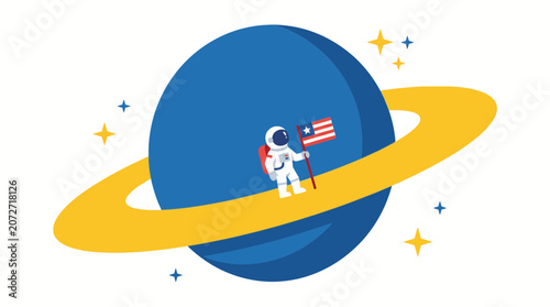 Astronaut Standing on Planet Ring Holding USA Flag, Space Exploration Concept