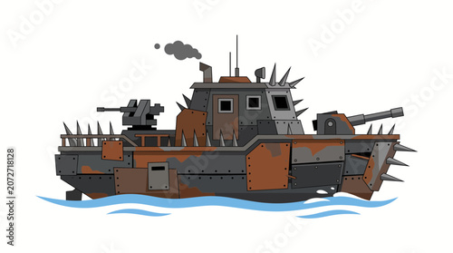 Armored Combat Boat with Cannons and Spikes on Water