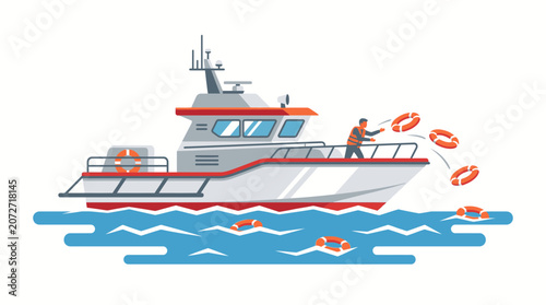 Rescue boat throws life preservers into the sea during an emergency operation.