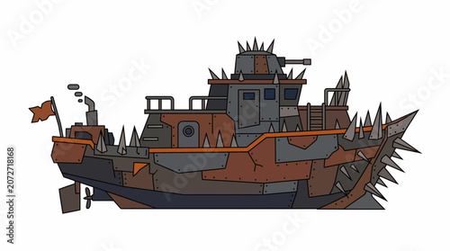 Armored Warship, Post-Apocalyptic Style, Rusty Metal, Spike Embellishments, Flag