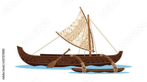 Traditional Polynesian Outrigger Canoe with Intricate Carvings and Sail
