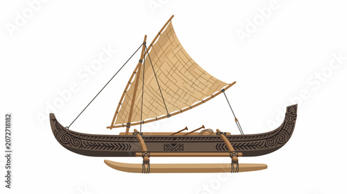 Traditional Polynesian Outrigger Canoe with Sail - Vector Illustration