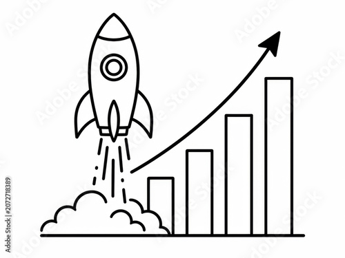 Rocket ship launching up with a rising financial growth bar chart graph icon