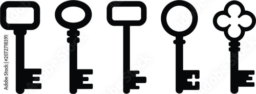 Vintage key collection vector illustration, antique skeleton lock keys isolated icon set for security and decoration