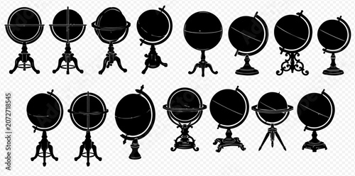 Bild auf Leinwand Set of vintage globes, terrestrial spheres, and world maps on stands, antique school and office supplies, vector illustration