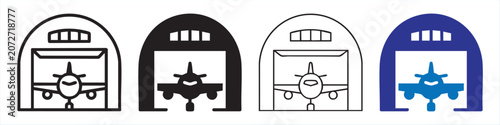 Slika na platnu Aviation hangar vector icons set featuring front view of plane in storage with different line weights