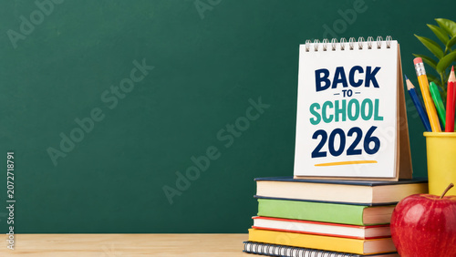 Back to school 2026 concept with calendar, stack of books, apple and pencils on chalkboard background.
