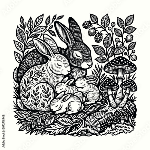 Whimsical Woodland Bunnies Family Illustration, Black and White, Nature Elements