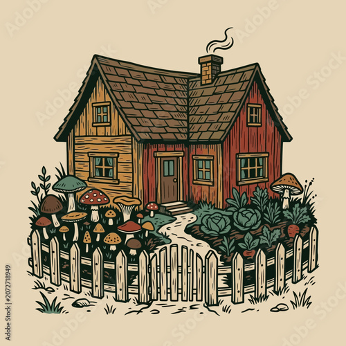 Whimsical Wooden Cottage with Mushroom Garden and Vegetable Patch
