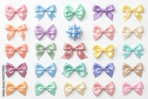 Pastel Satin Ribbon Bow Collection Flat Lay on White Background Soft Color Set