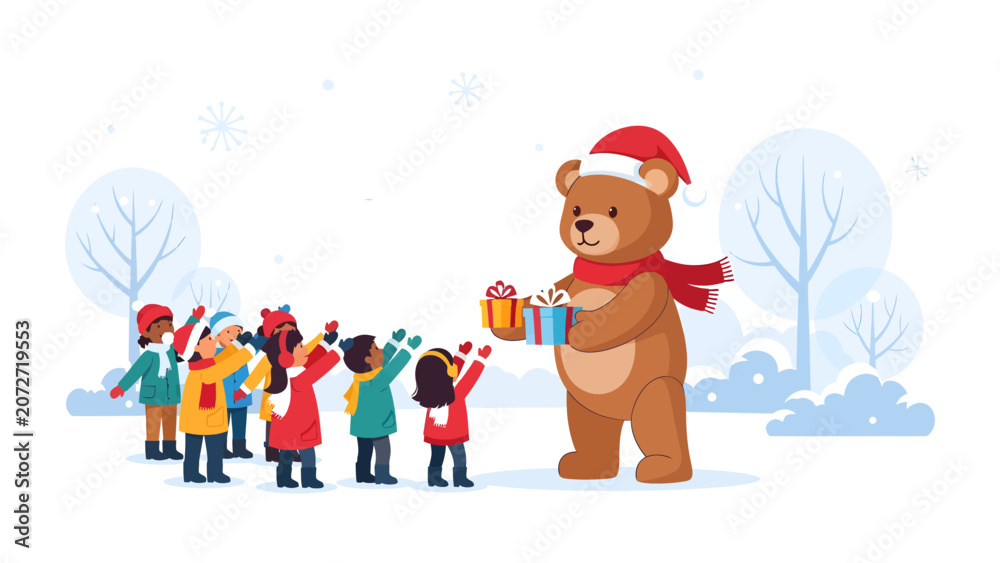 Fototapeta premium Christmas Bear Giving Gifts: A friendly bear wearing a Santa hat and scarf distributes presents to a group of children in a snowy winter scene, evoking the spirit of giving and holiday cheer.