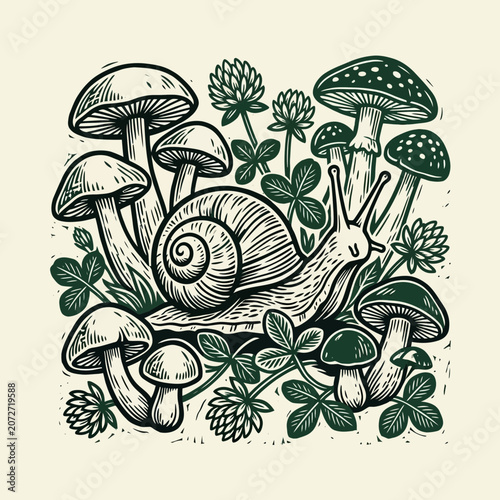 Snail and Mushrooms Forest Illustration Woodcut Style