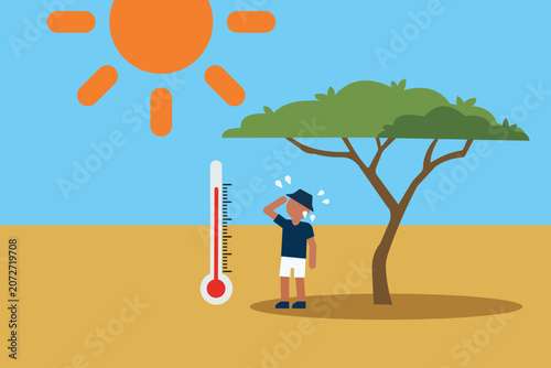 Man Sweating Under Hot Sun With Thermometer and Tree Shade Indicating Heat Wave and High Temperature