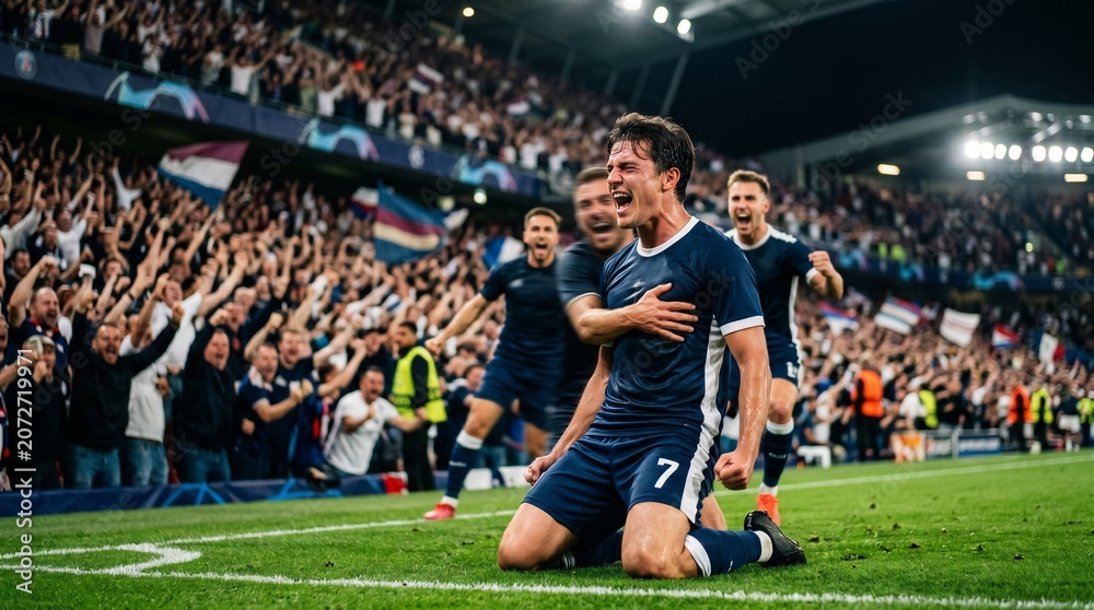Naklejka premium Professional soccer player celebrating a winning goal on his knees in a packed stadium