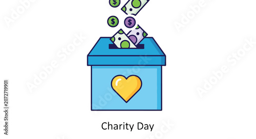 A blue donation box with a yellow heart and money