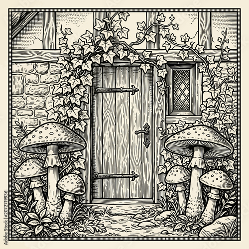 Whimsical Cottage Door with Mushrooms and Ivy Illustration