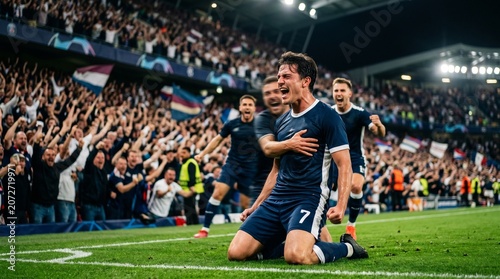 Professional soccer player celebrating a winning goal on his knees in a packed stadium