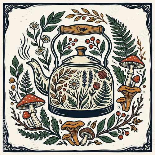 Whimsical floral kettle surrounded by forest elements and mushrooms