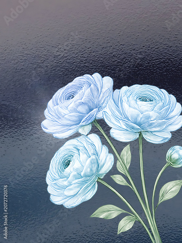 flower, ranunculus, blue, bouquet, botanical, floral, blossom, petal, nature, illustration, art, bloom, flora, plant, leaf, dark, background, texture,  Elegant nature art wall decor for home interior.